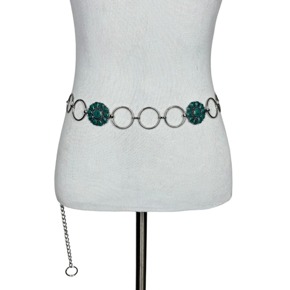 Western Boho Turquoise Concho Silver Tone Chain Belt OS Adjustable Rodeo - Picture 1 of 5